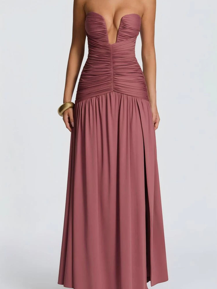 Women Elegant Deep V-neck Pleated Strapless Dress Chic Off-shoulder Backless Split Maxi Dresses 2026 Lady Evening Party Vestidos
