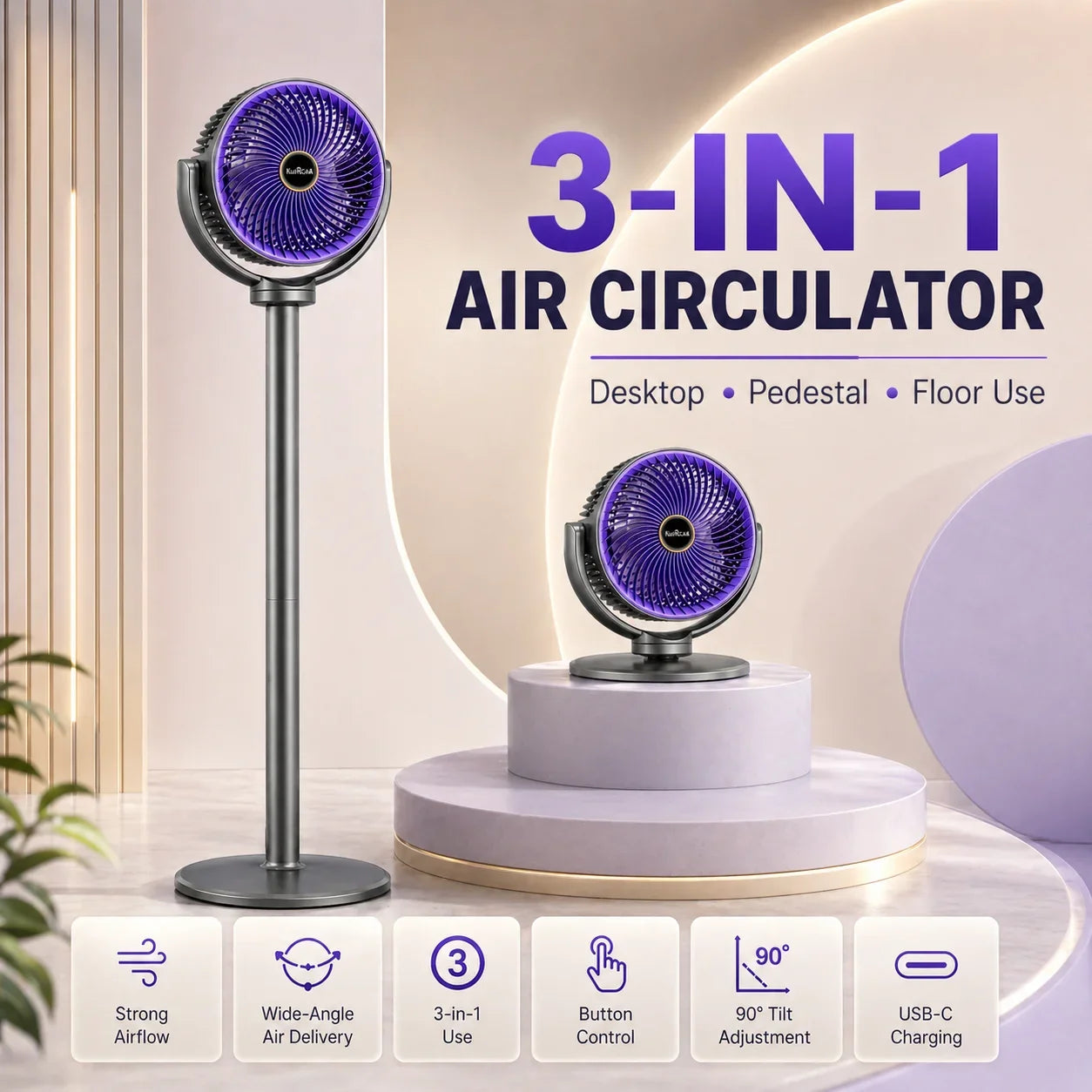 3-in-1 Modern Air Circulator Fan 5 Speeds 4 Heights Quiet Portable Pedestal Stand Fan USB-C for Home Bedroom Office RV Camping