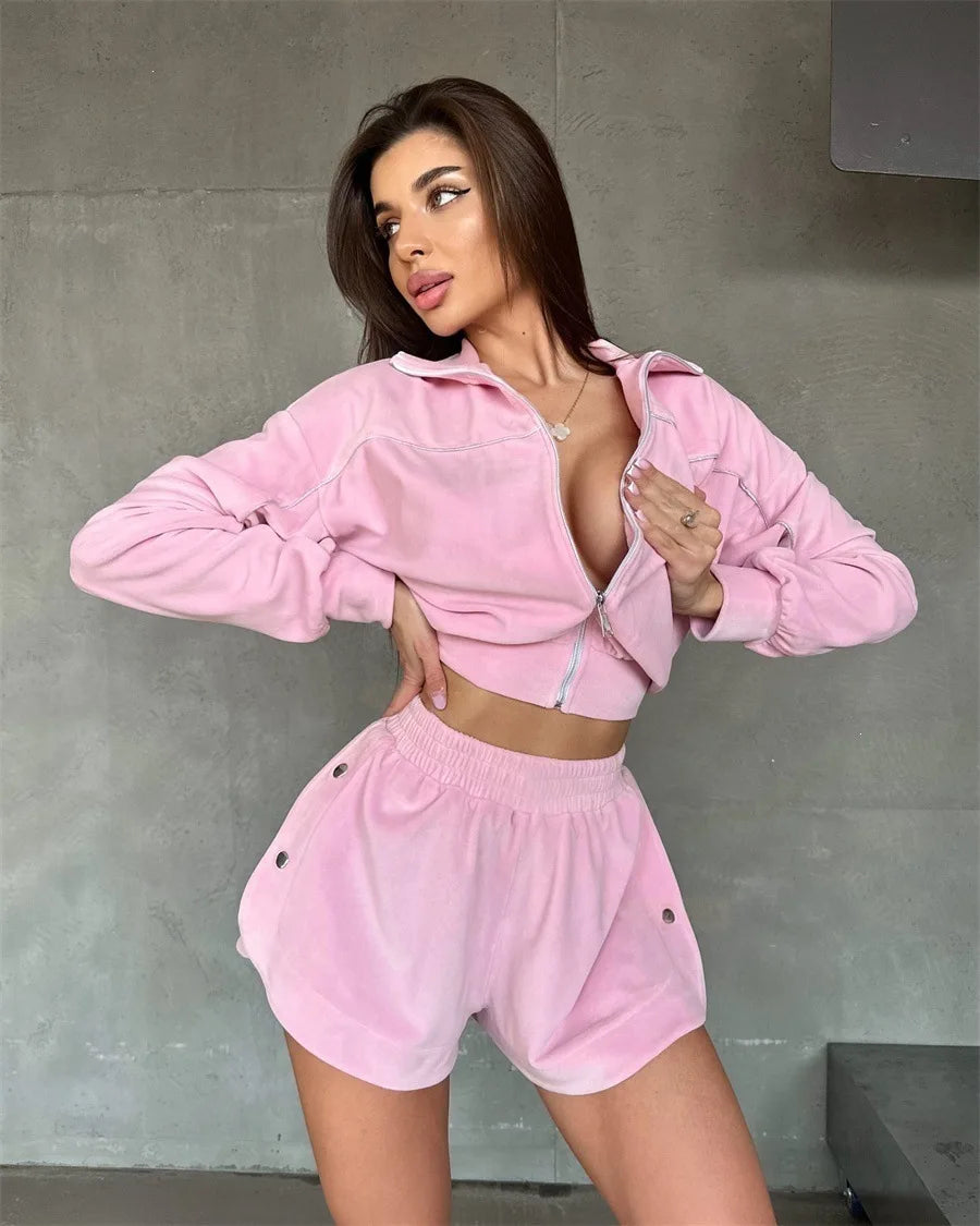 Summer Women Long Sleeved Zipper Two Piece Sets Top Elastic Shorts Outfits Fashion Striped Casual Suits Lapel Tracksuits 2026