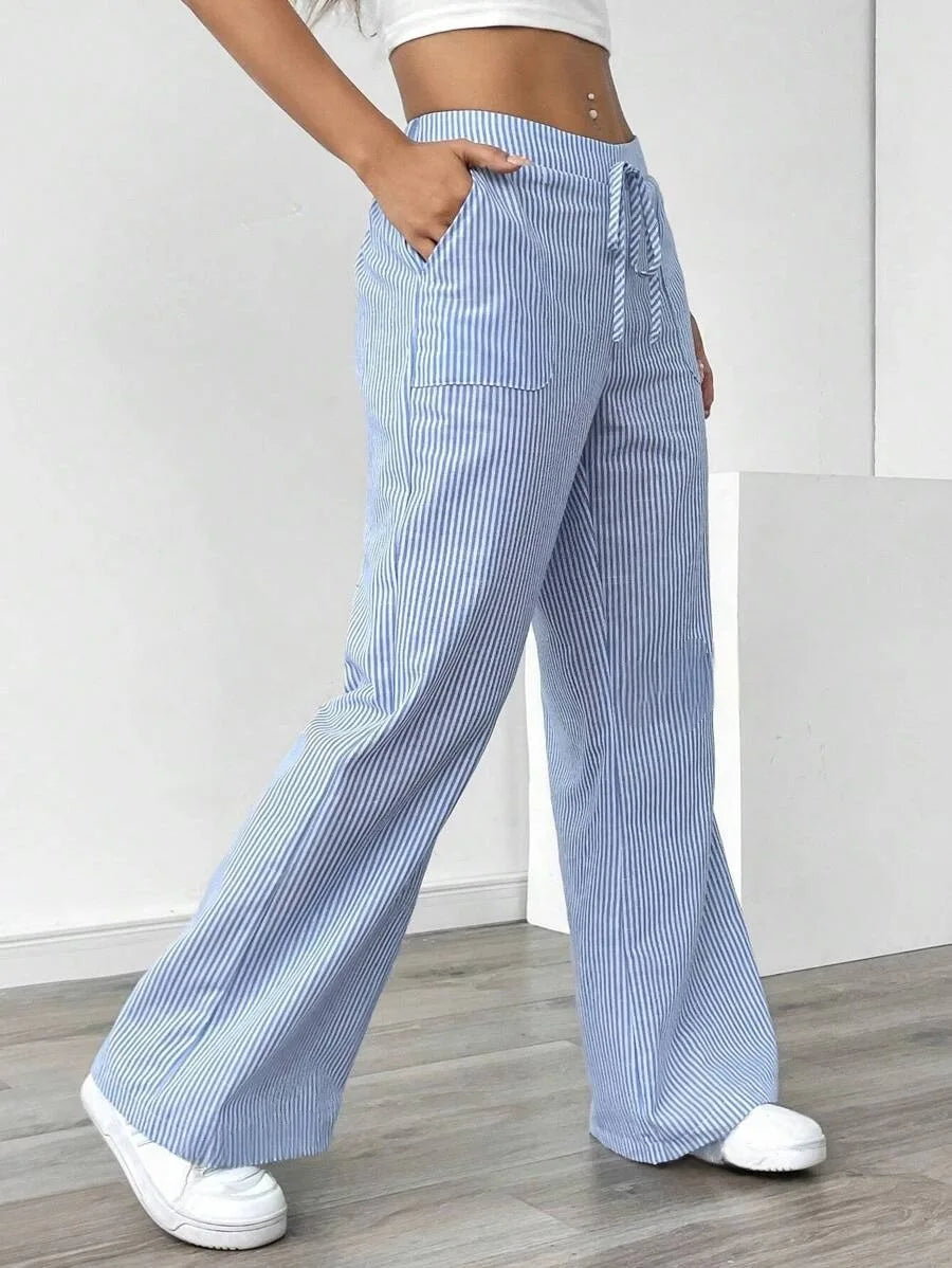 Summer Striped Wide Leg Pants Women High Waisted  Drawstring Loose Fit Slimming Casual Straight Leg Harem Pants Female Trousers
