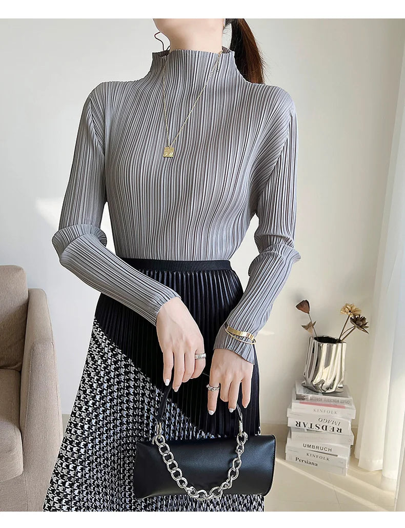 Miyake Pleated Long Sleeves Tops Fall 2025 Winter Korean Fashion Women Classic Solid Color Turtleneck Casual Elegant T-shirt