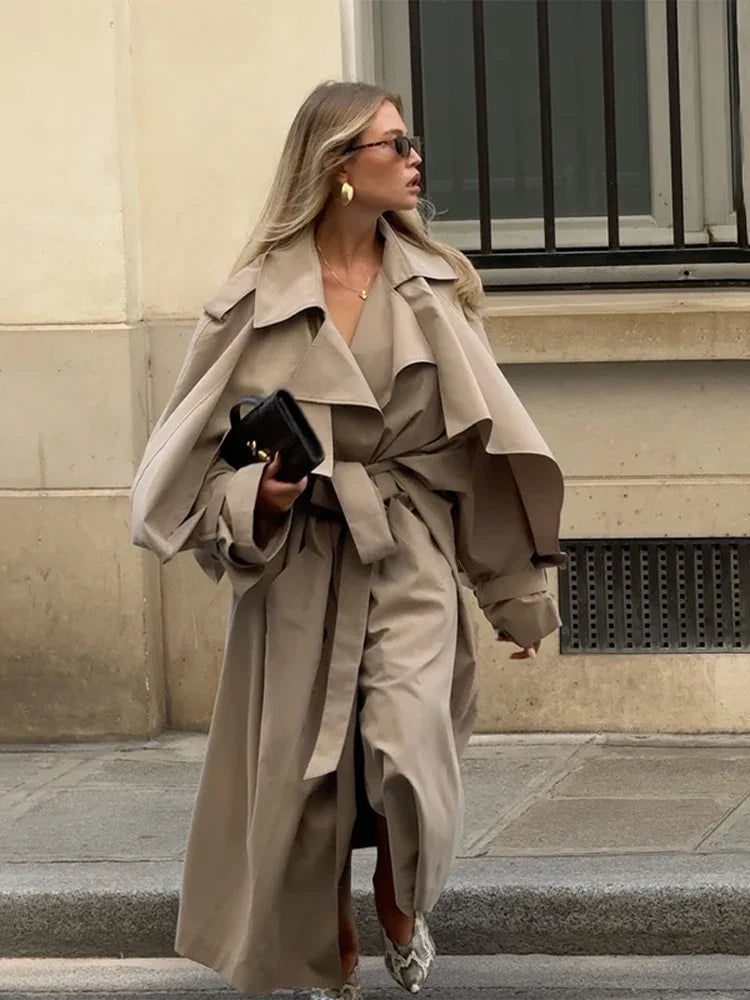 Khaki Lace Up Cape Trench Coat Loose Solid Full Sleeve Lapel Windbreaker 2026 Autumn New Fashion Commute Casual Daily Coats