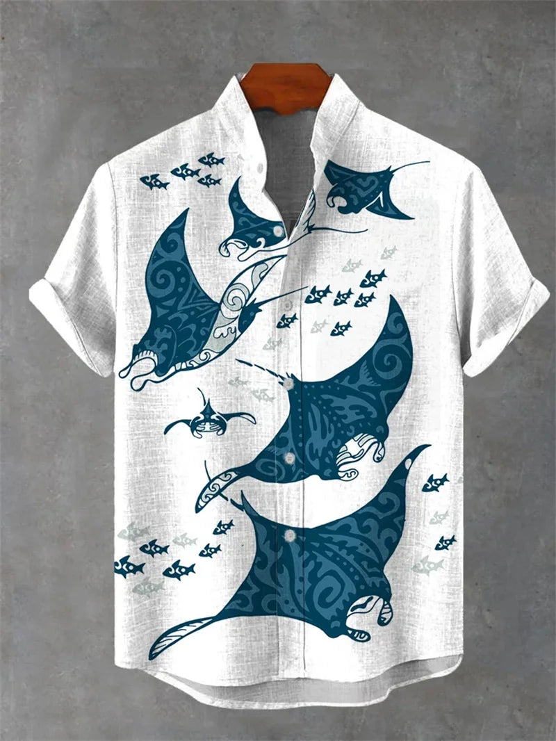 2025 New Men's Shirt With 3D Printed Cat Casual Short Sleeved Top, Fashionable Lapel Button Up Shirt Made Of Linen