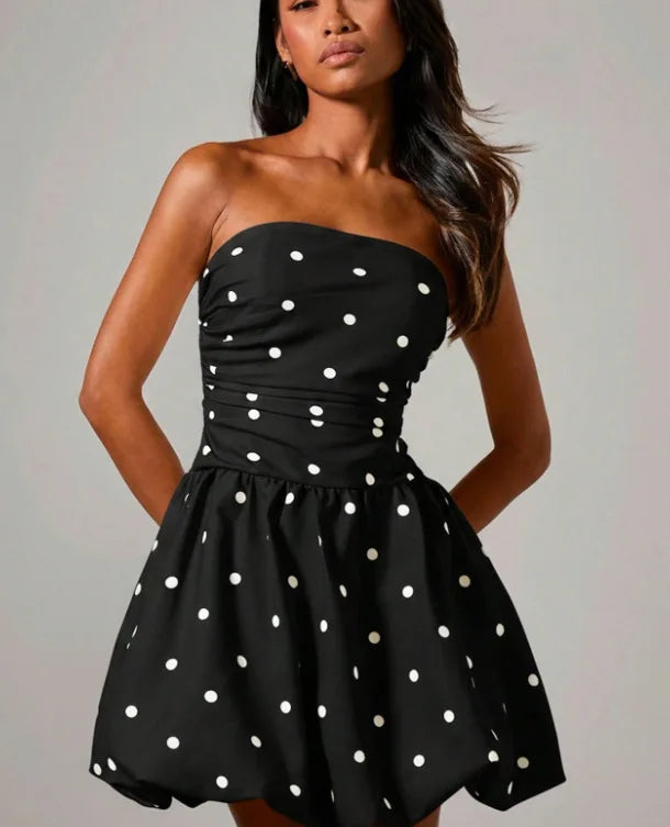 Polka Dot Print Tube Top Dress Summer Women's New Casual Loose Sexy Sleeveless Short Puffy Dress Vestidos De Fiesta Elegantes