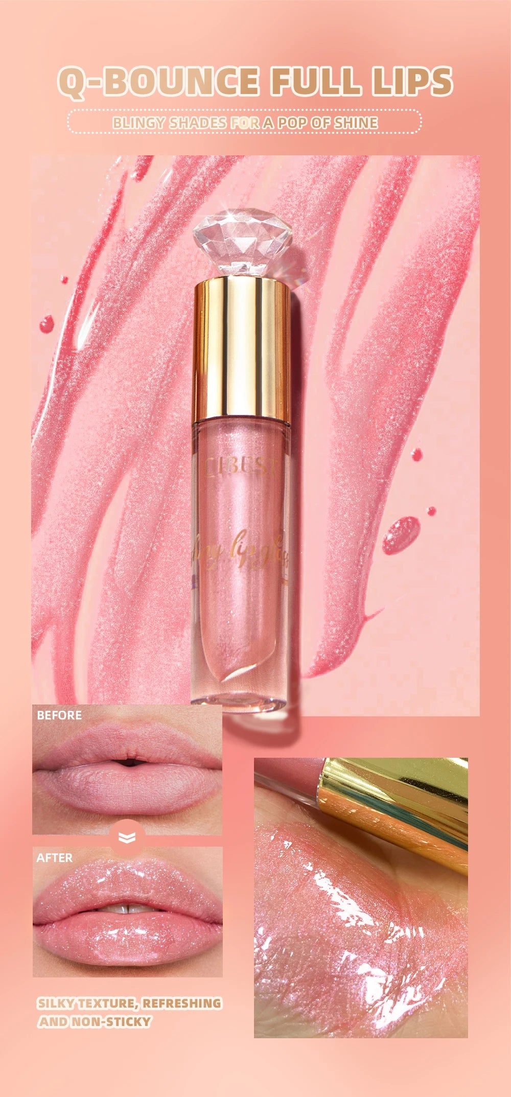 QIBEST Diamond Glitter Lipgloss Hydrating Lasting Pearlescent Metallic Liquid Lipstick Moisturizing Shiny Lip Glaze Cosmetics