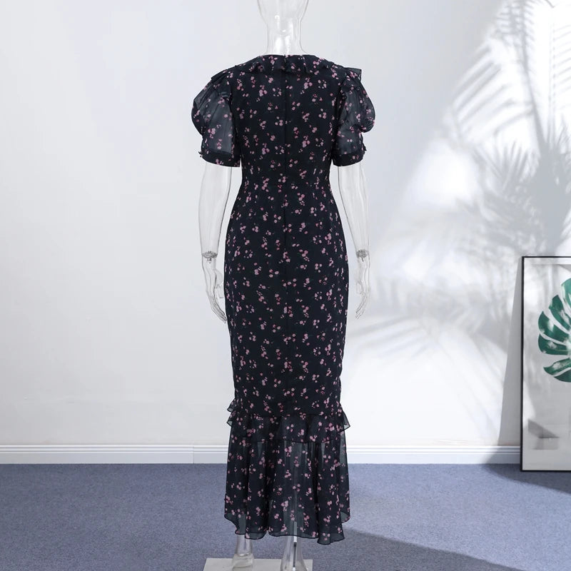 Elegant Printed Lace Trim V-Neck Dress Women Puff Sleeve Ruffled Hem Slit Maxi Dresses 2026 Summer New Lady Fashion Evening Wear