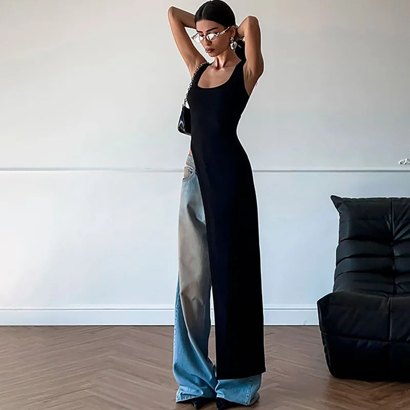 Sexy Sleeveless Side High Split Midi Dress Backless Women's Summer Party Club Streetwear Y2K Style Solid Color