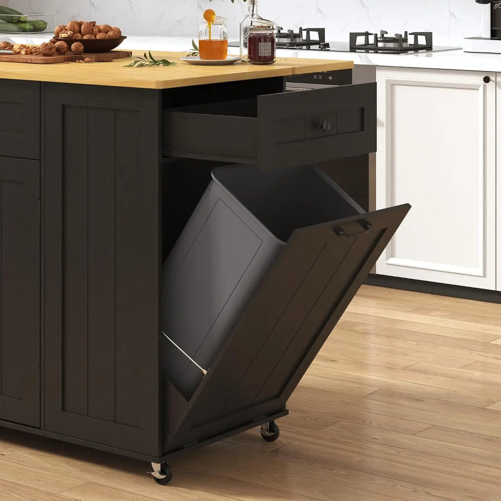 57" Rolling Kitchen Island With Power Outlet & Drop Leaf, Mobile Cart With Hidden Trash Cabinet & Towel Rack, Black, Customized