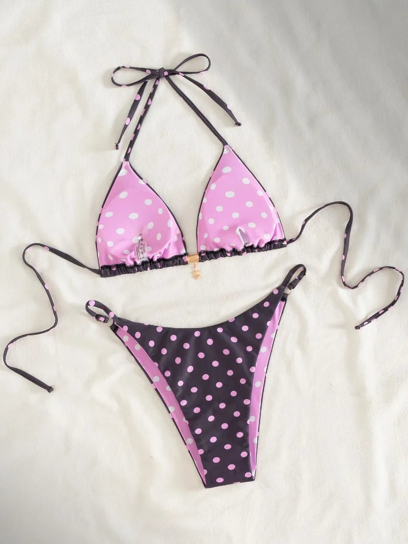 Retro Polka Dot Bikini Set Women Swimsuit Female Swimwear Micro Thong Bikinis Brazilian Halter Beach Wear Lace Up Bathing Suit