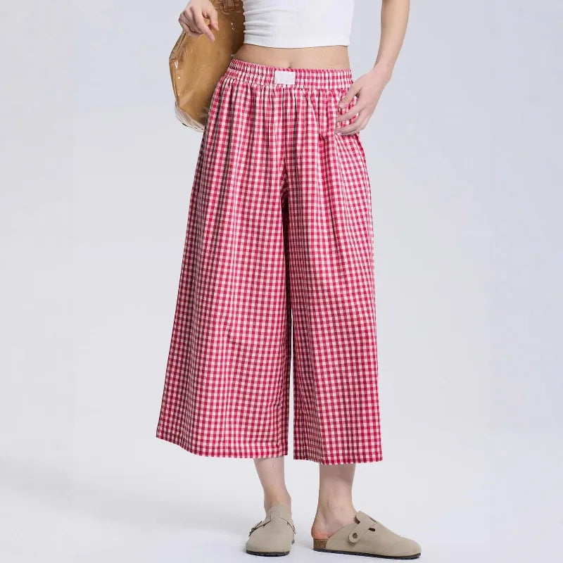 Women's Casual Plaid Wide Leg Pants Summer New Loose Slimming Lazy Long Trousers Comfortable Loose Fit High Waist Pants 2025