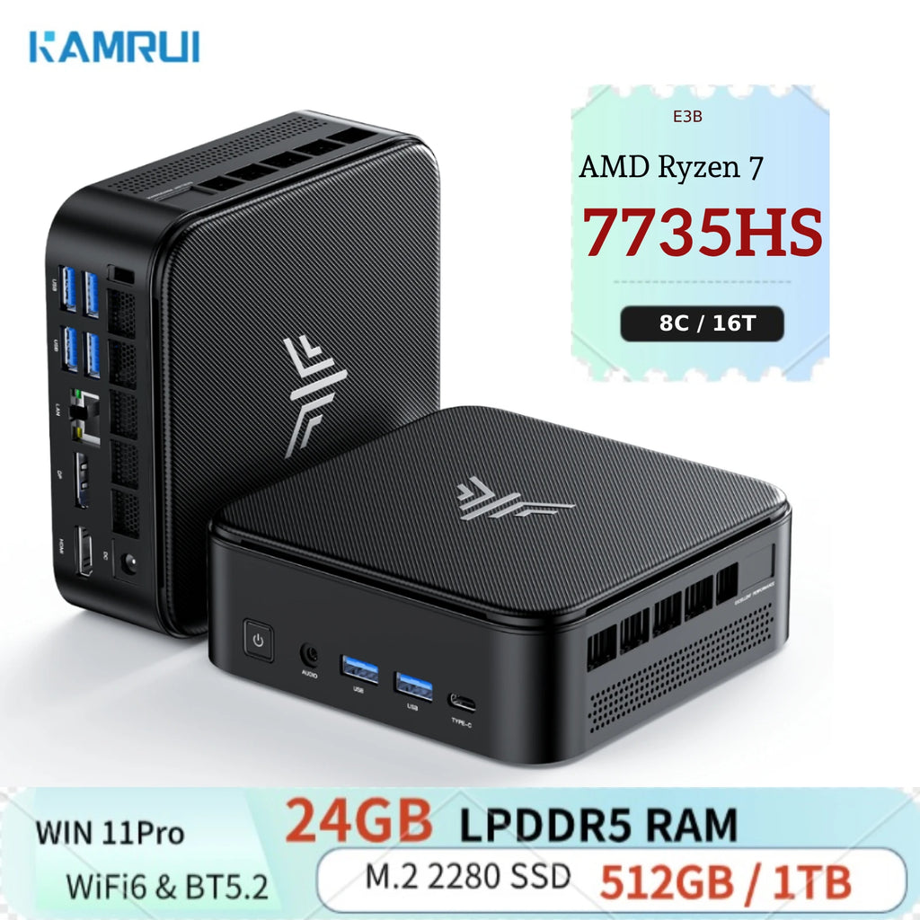 KAMRUI Mini Gaming PC AMD Ryzen7 7735HS 24GB LPDDR5 512GB/1TB M.2 SSD Micro Desktop Computers Max 4.75GHz WiFi 6 BT5.2 4K PC