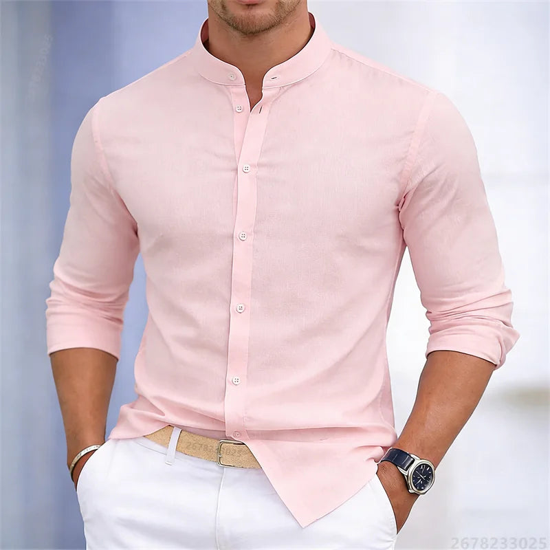 Men's stand-up collar white or black long-sleeved shirt, solid color shirt, slim fit business casual men's top, sizes XS-6XL.