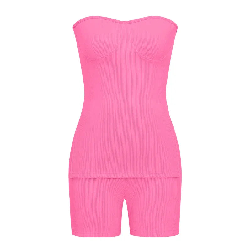 Sexy Solid Slim Suit For Women Fashion Strapless Side Split Top Elastic Waist Package Hip Shorts Two Piece Set 2026 Summer New