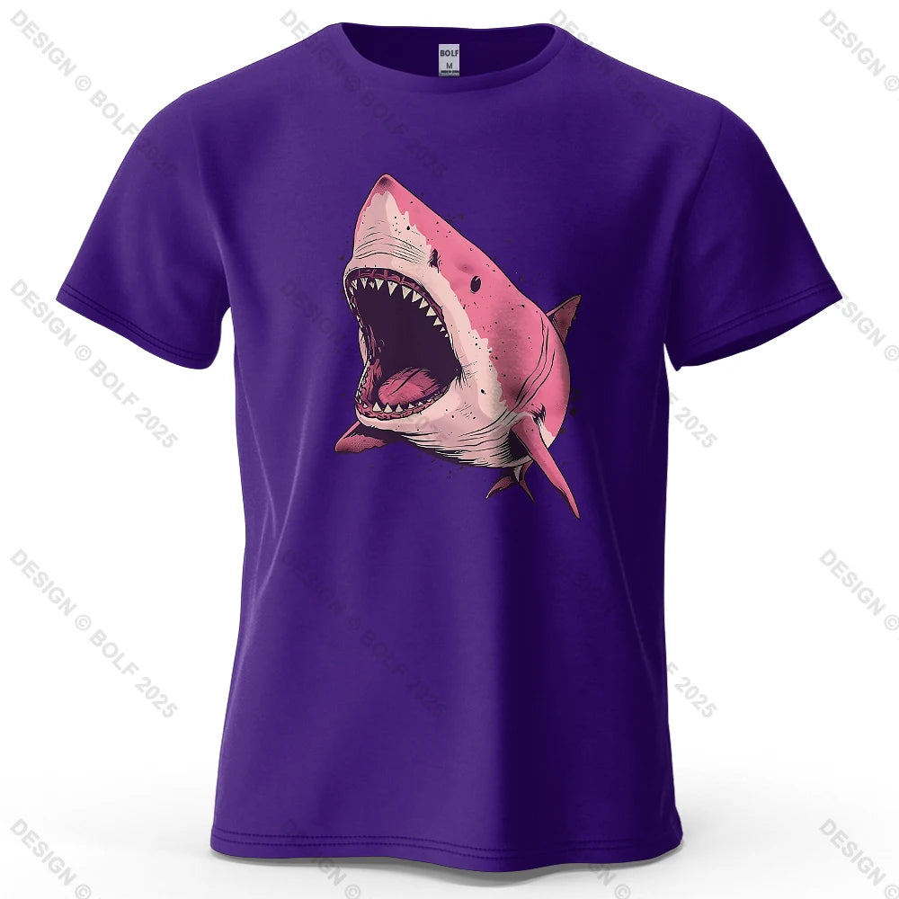 Pink Shark Cartoon Image Printed Men's T-Shirt 100% Cotton Oversized Marine Life Graphic Tees for Women Tops Tees Streetwear