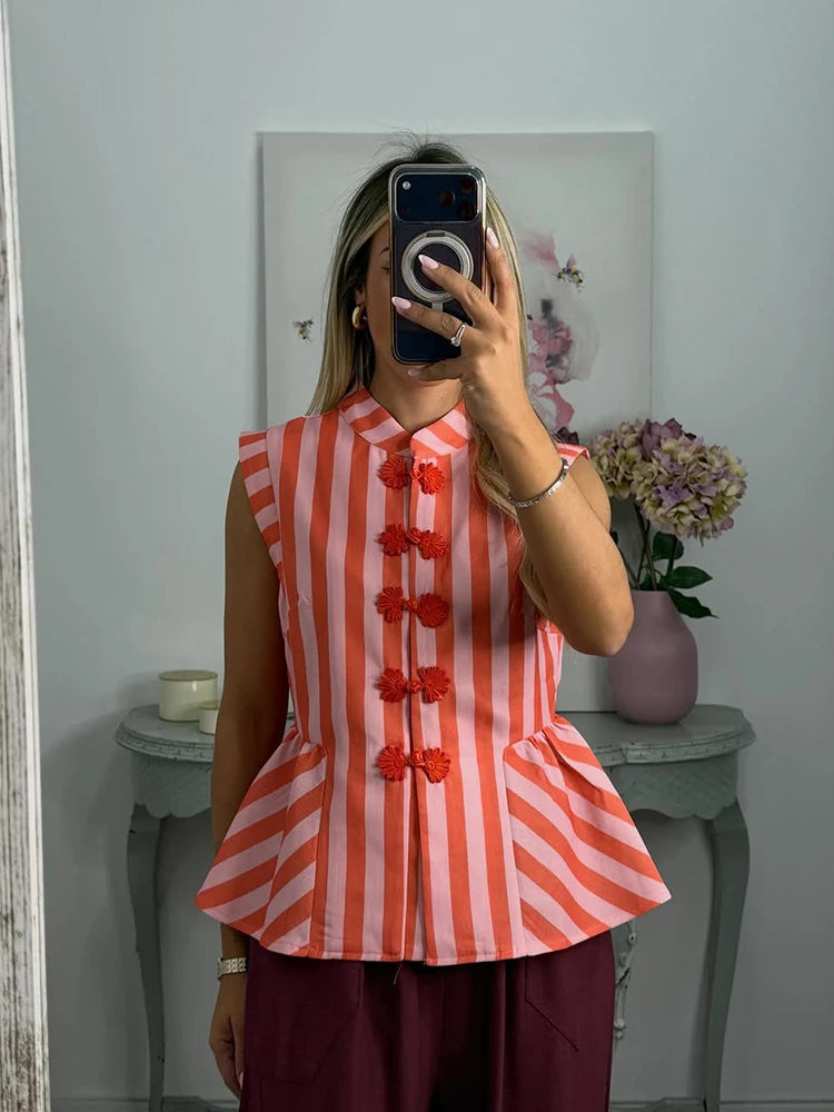 Striped Mandarin Collar Frog Button Ruffle Trim Top Striped Single‑breasted 2026 Summer Women Blouse Versatile Casual Lady Top