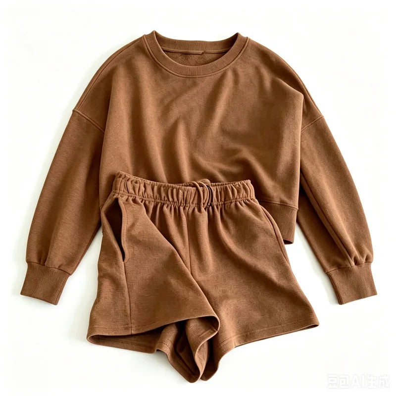 spring summer Womens Round neck long sleeve Sweatshirt Two Piece Set Casual Sweatshirt+shorts suit Daily Womens Tracksuit