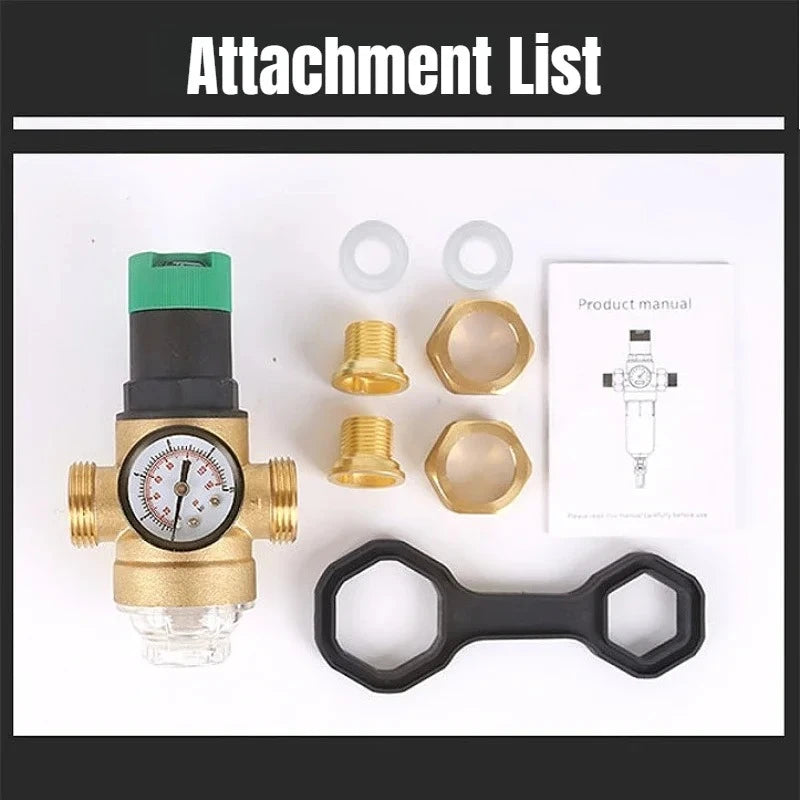 Tap Water Pressure Reducing Valve Adjustable Brass Double Union Pipe Water Purification with Gauge Filter Valve DN15/20/25/32