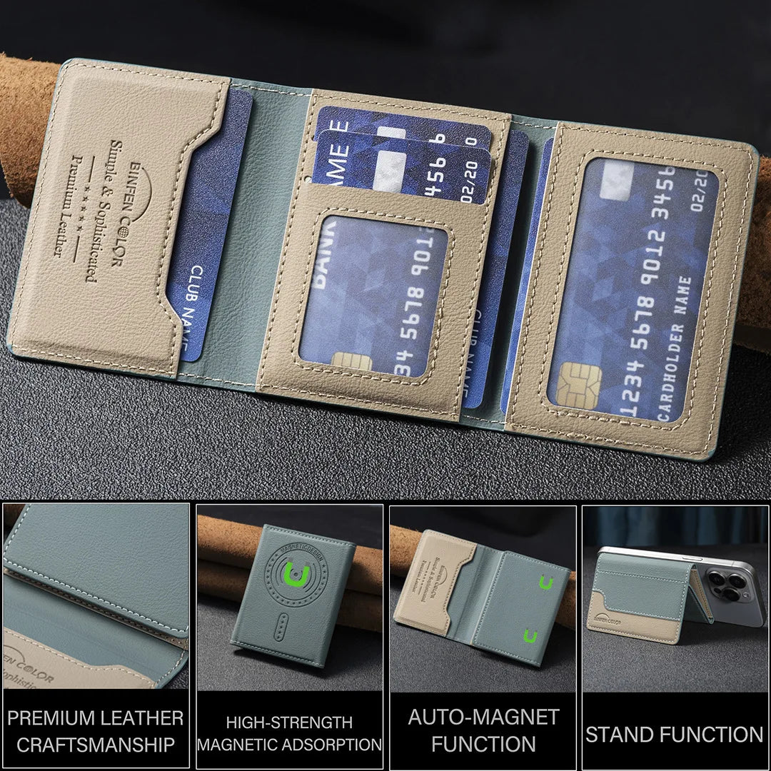 Suitable for IPhone 16 Three Fold Magnetic Wallet Card Holder, Magnetic Wallet Back Suction Universal Mobile Phone Card Bag
