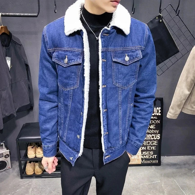 Men Warm Denim Jacket 2024 Winter Thick Fleece Outerwear Solid Casual Wool Lining Jean Jackets Coats Men Clothing Oversized 6XL