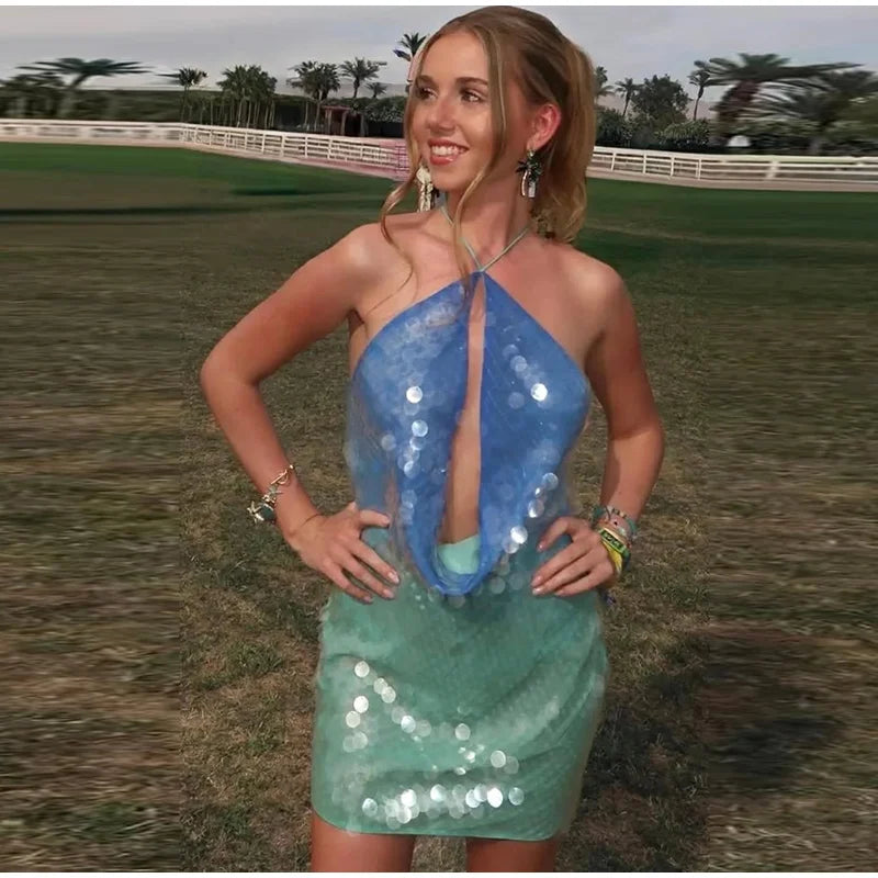 Sequins Halter Hollow Out Dress Women's Sexy Backless Sleeveless Contrast Color Mini Dresses 2026 Summer New Lady Beach Robes