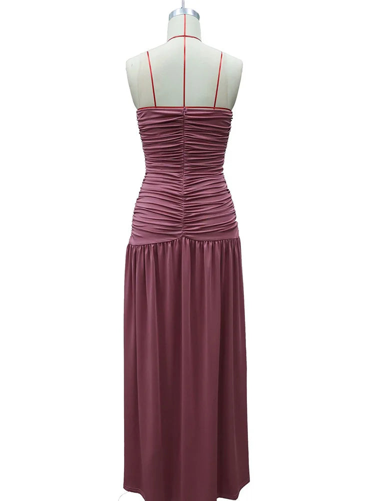 Rinabe Deep V Neck Strapless Maxi Dress Chic Solid Off-shoulder Backless Split Elegant Evening Dress Women Chic Slim Dresses