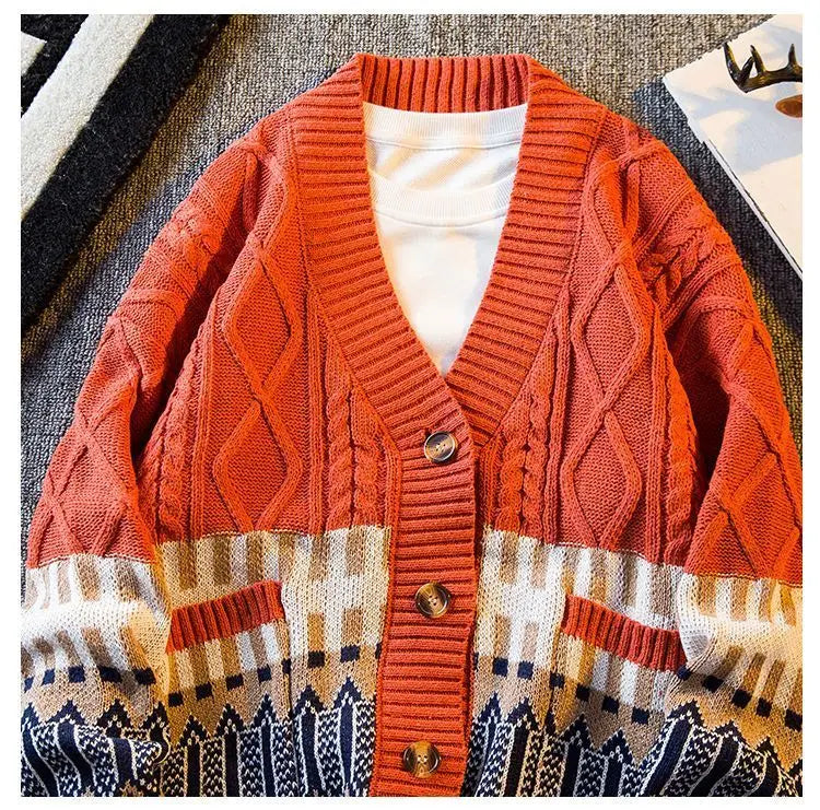 2023 New Autumn and Winter Retro Patchwork Diamond V-neck Color Matching Loose and Handsome Casual Knitted Cardigan for Men