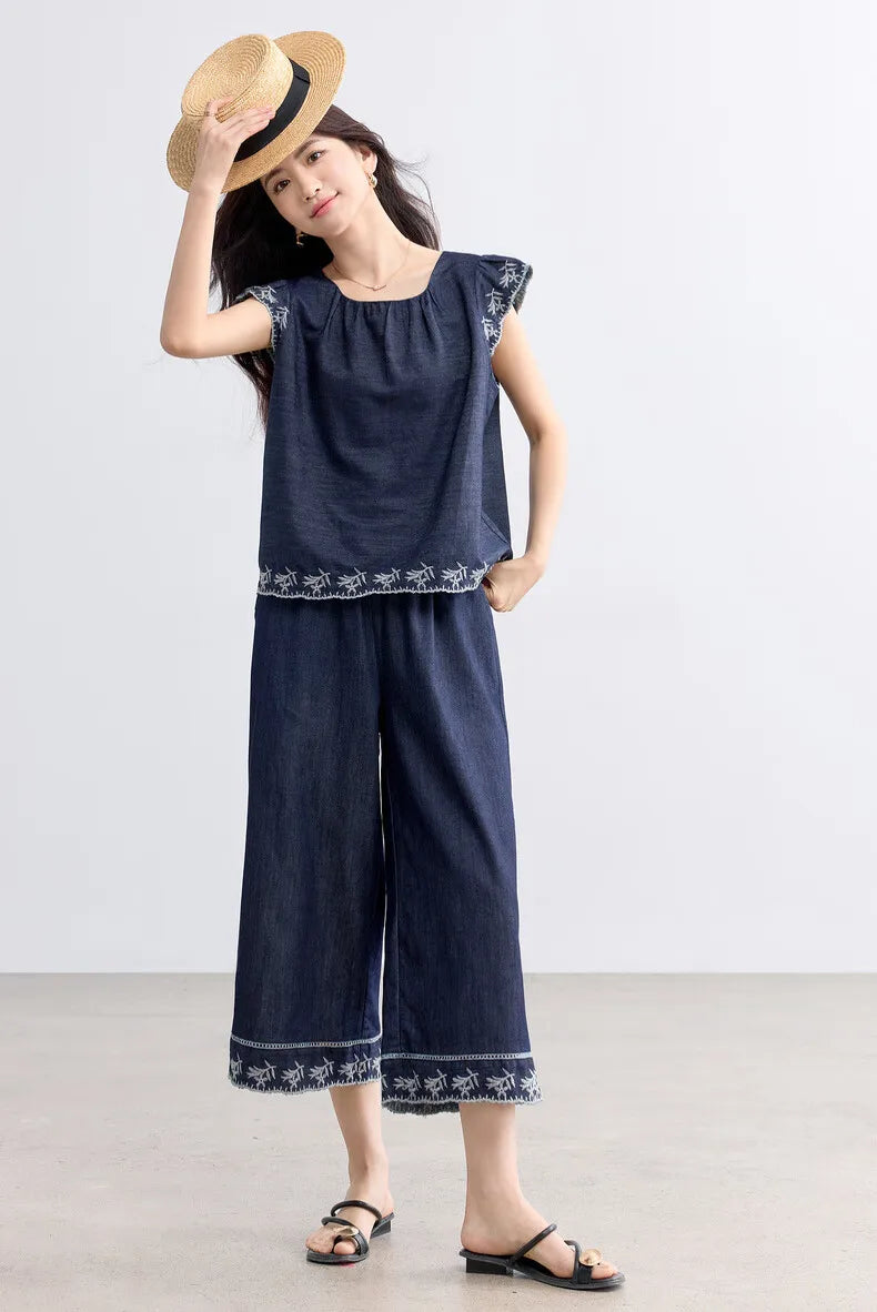 SENTUBILA Summer Demin Pant Sets Woman 2 Piece Outfits 2026 Vintage Flora Embroider Tops Cropped Pant Women's Suit W52ZC2349