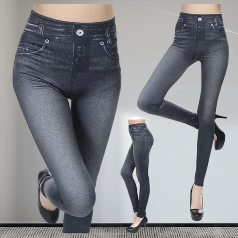 Seamless High Waist Cotton Imitation Denim Women Leggings Hollow Out And Sexy Design Slim Soft Women Pants Elastic Pocket Jeans