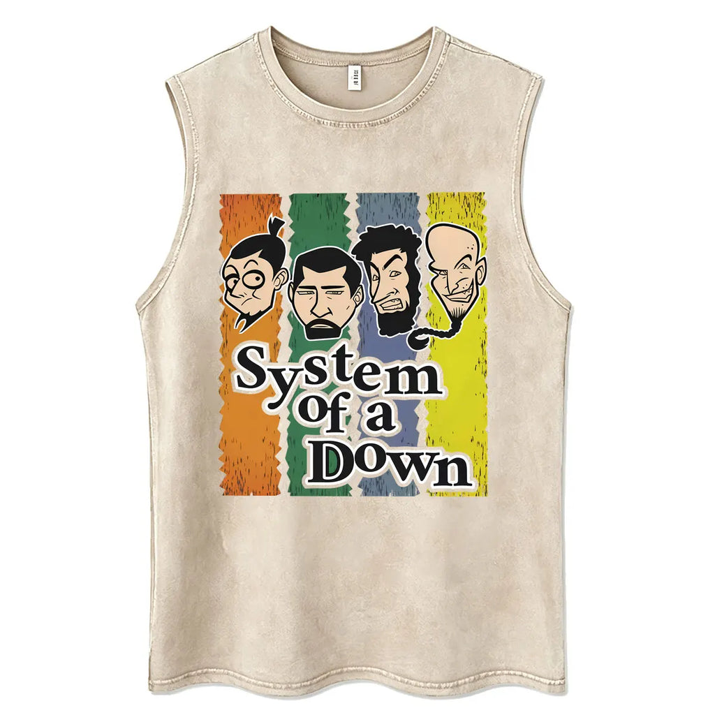 System of A Down Vintage Washed Tank Tops Men's Rock Alternative Metal Cartoon Graphic Sleeveless Vests T-shirt Male T Shirts