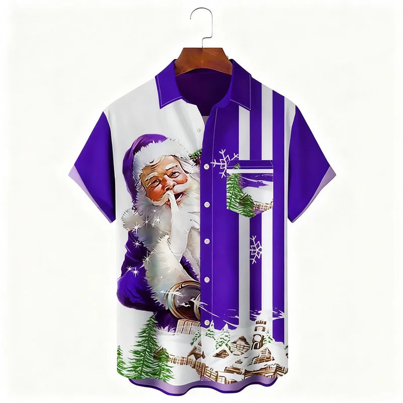 Christmas Men's Santa Claus Print Shirt Daily Wear Autumn Lapel Pocket Shirt Yellow Red Blue Green Fast Shipping
