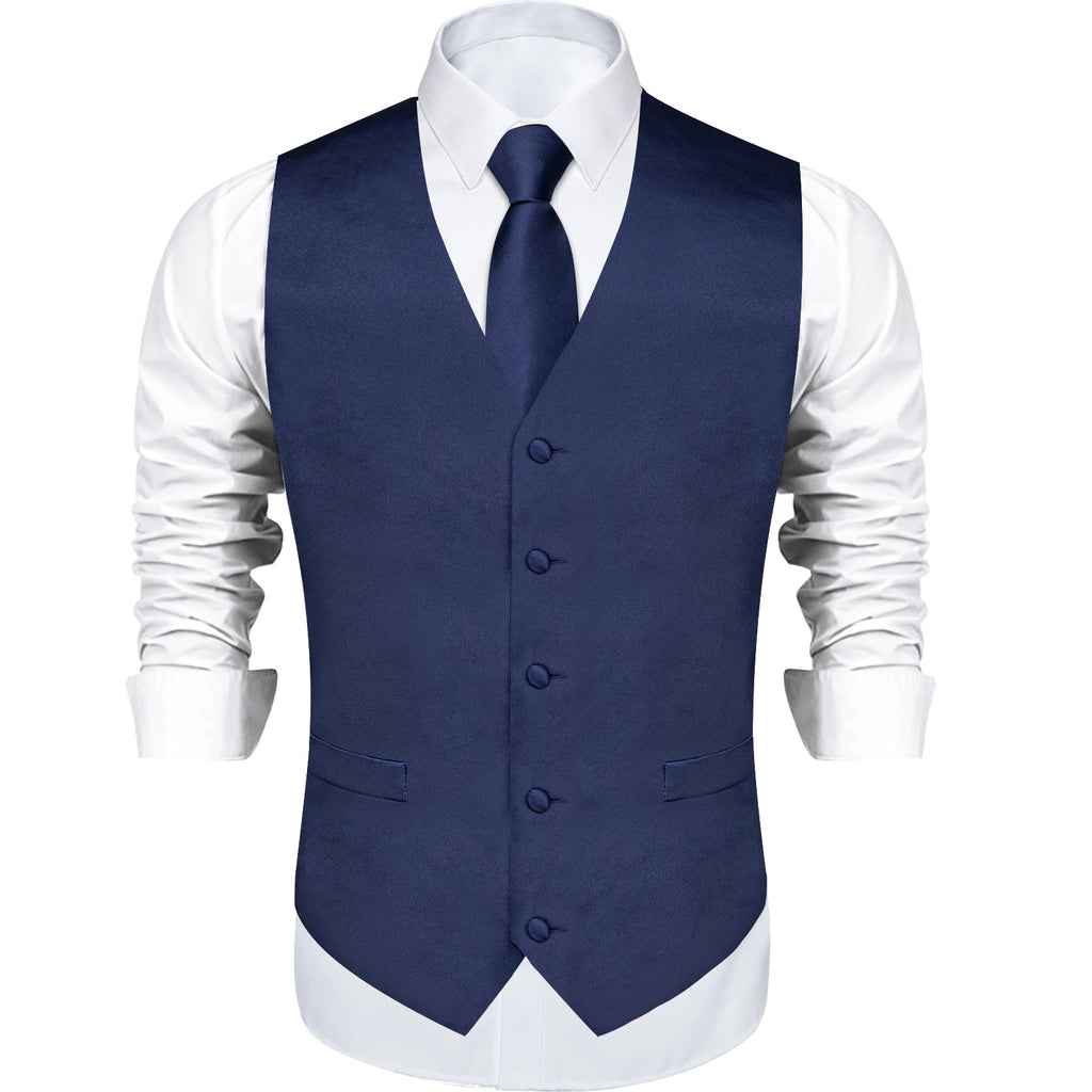 Satin Men's Solid Blue Suit Vest with Tie Handkerchief Cufflinks Business Formal Waistcoat Wedding Prom Men Sleeveless Jacket