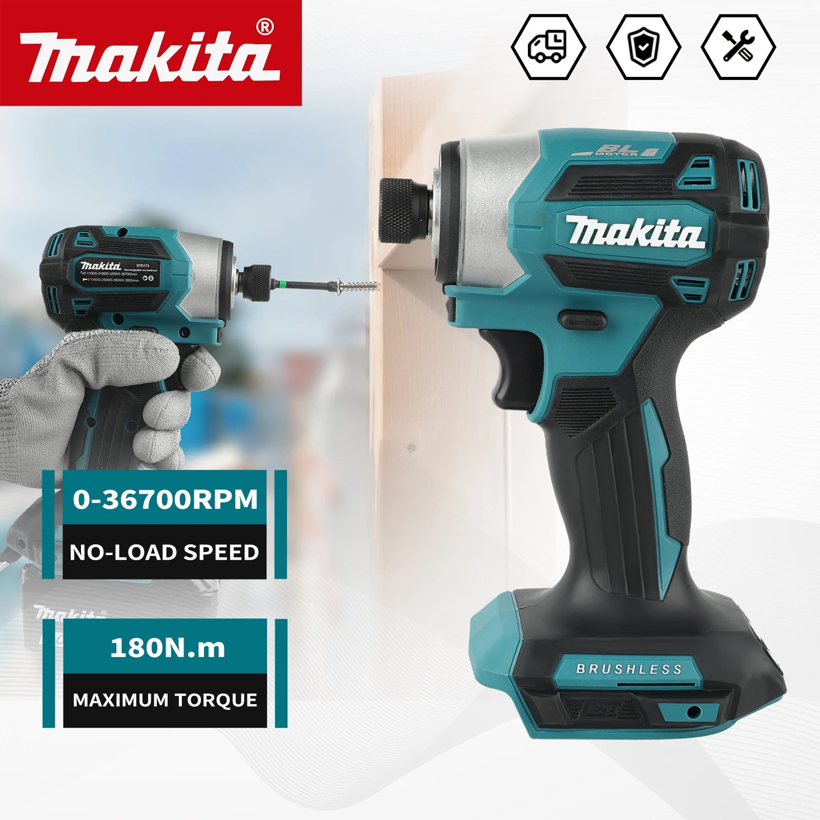 Makita 18V DTD173 Blue Brushless Drill Power Tool for Home Improvement and DIY 180Nm Electric Wood/Bolt/T-Mode