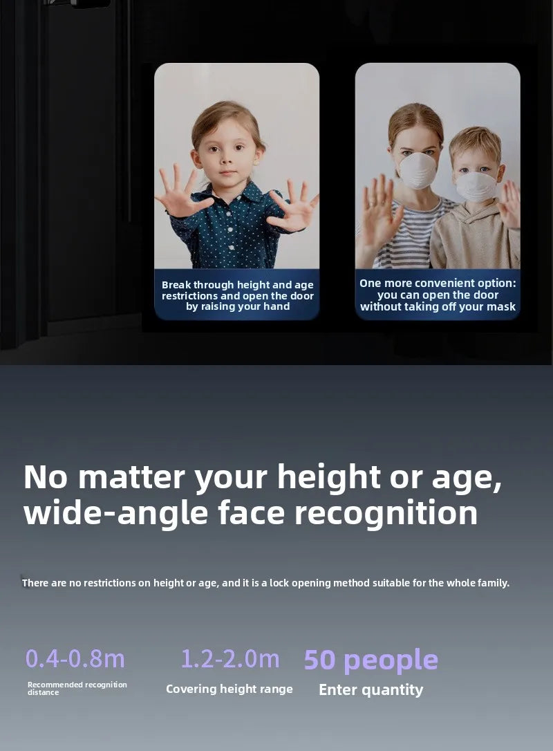Visual Smart Door Lock 3D Face Recognition HD Indoor Screen Camera Monitoring WiFi App Remote Intercom Security Steel Door Cloud