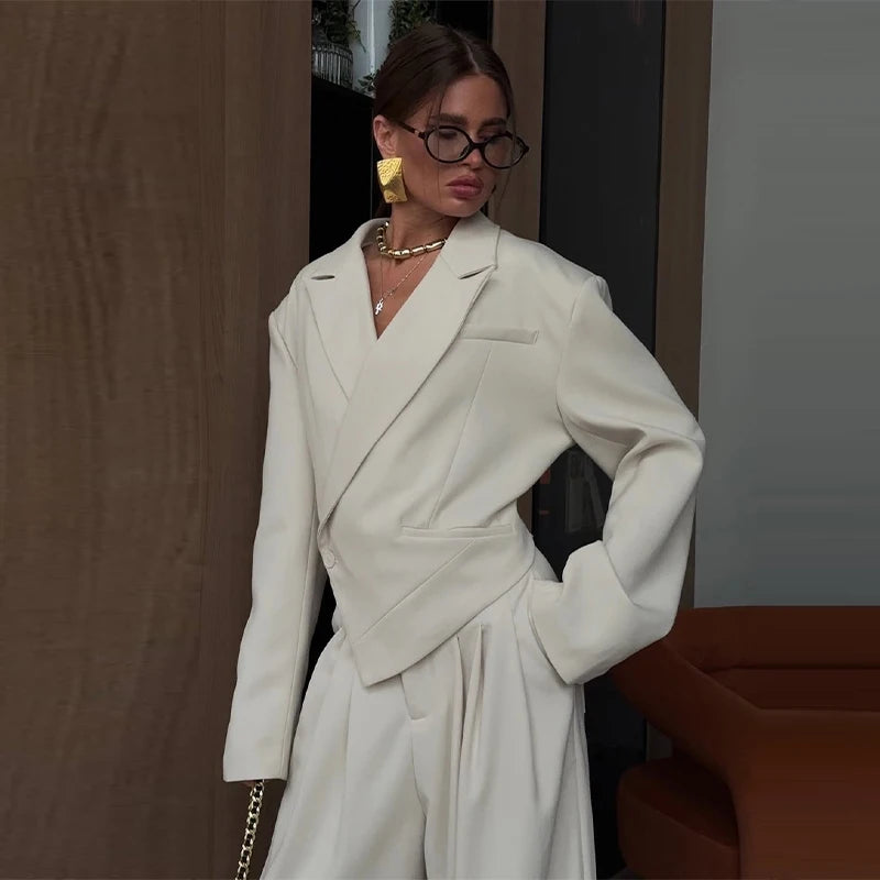 Elegant Irregular Women's Blazer Trouser Suits Single Button Lapel Full Sleeve Wide Leg Pants Lady Set 2026 2 Pieces Set Women
