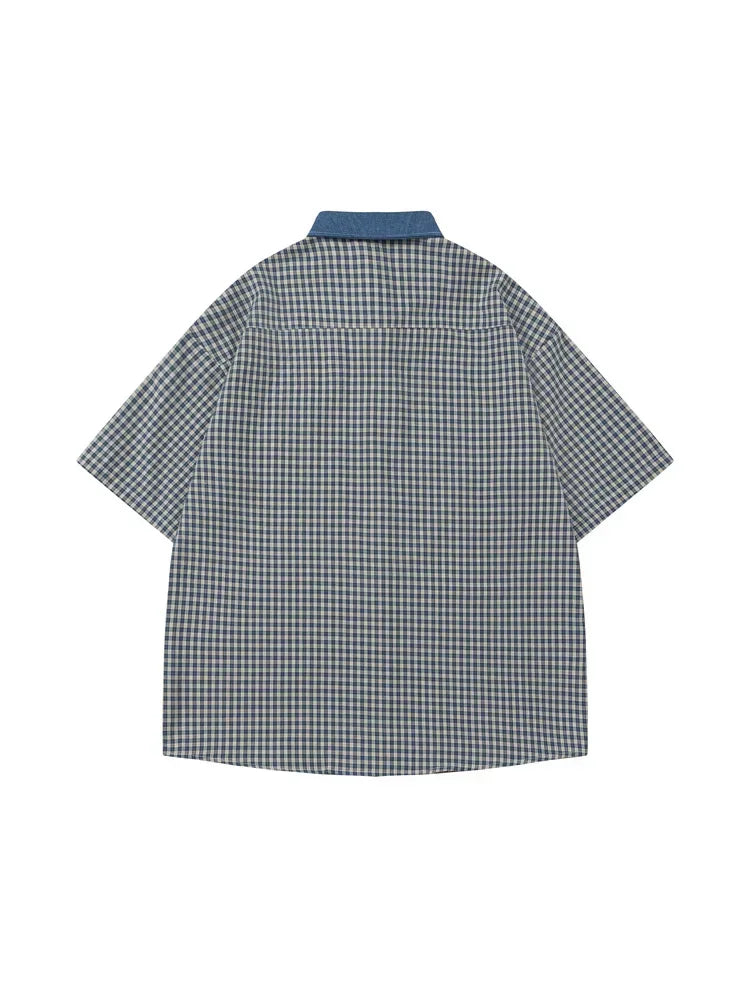 Sycpman American Style Retro Contrast Checkered Short Sleeved Shirts for Men and Women Trendy Loose Casual Shirt