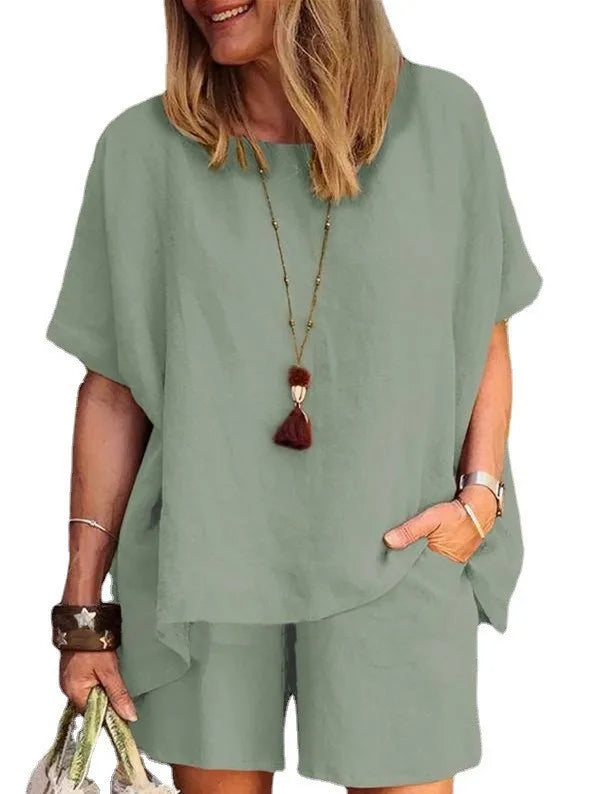 Ladies Shorts Suit Fashionable Summer Women's Elegant Solid Color Pullover Loose Cotton Linen Short Sleeved Shorts Two-piece Set
