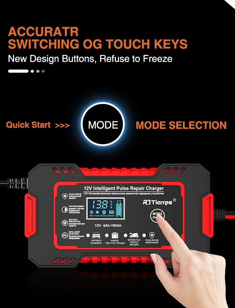 Car Battery Charger 12V 6A Touch Screen Pulse Repair LCD Fast Power Charging Wet Dry Lead Acid Digital LCD Display