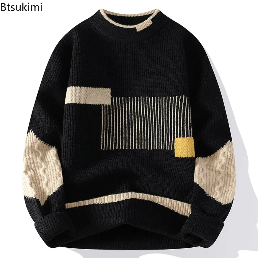 New Men's Mock Neck Knitted Sweaters Fashion Patchwork Knitting Pullovers Autumn Winter Daily Casual Warm Pullover Sweaters Male