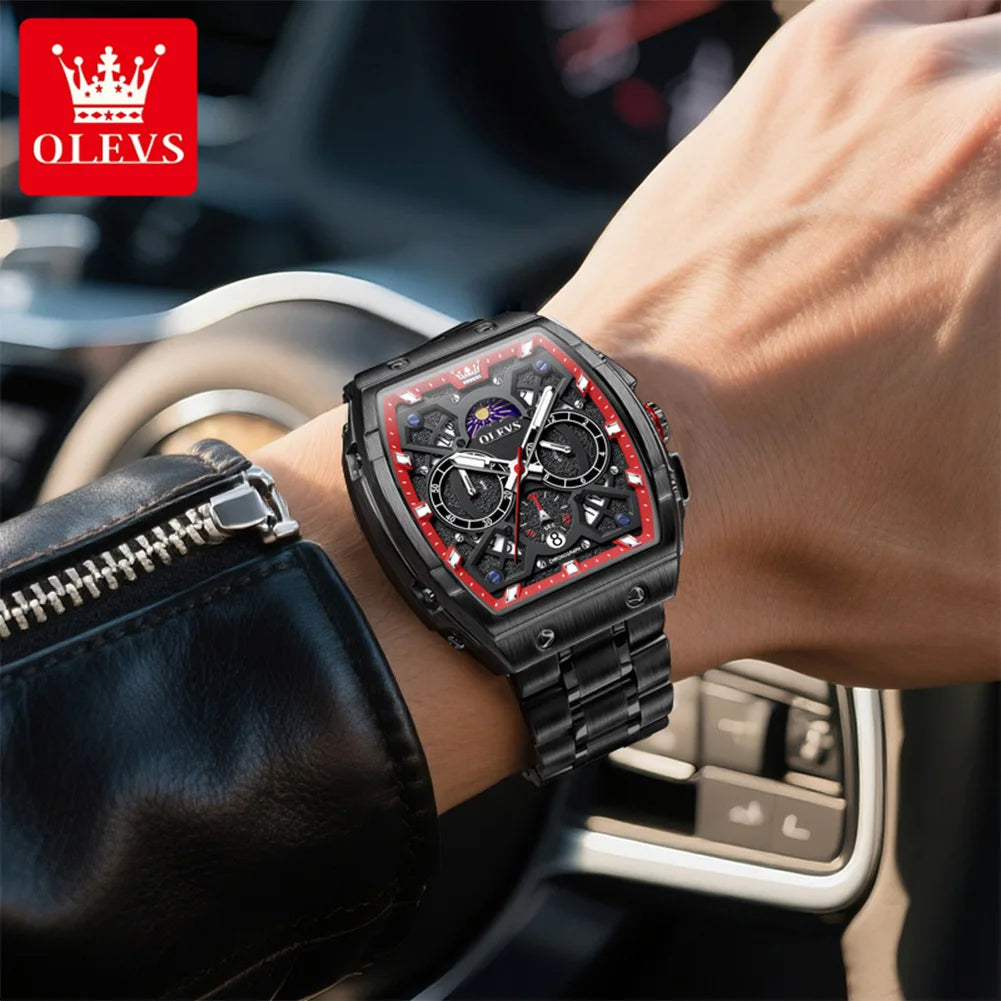 OLEVS 2942 New Mens Watch Tonneau Quartz Watch Stainless Steel Waterproof Sports Moon Phase Date Watches For Man Original Reloj