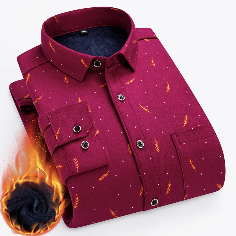 2025 Men's Winter Warm Shirts Long Sleeve Plaid Print Flower Autumn Thickened Fleece Street Trend Casual Dress Shirts 8XL 7XL