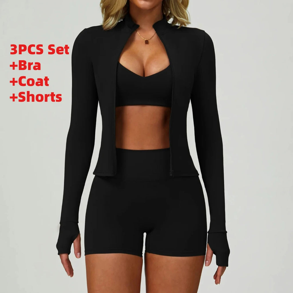 3PCS Women's Yoga Set Peach Hip Sports Jacket Shorts Fitness Set Tight Sports Bra Pants Set Workout Gym Leggings Sports Yoga Set