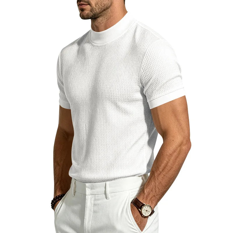 Men Summer Solid Jacquard Textured Mock Neck Short Sleeve T Shirt Slim Fit Simple Versatile Casual Daily Male Basic Tees