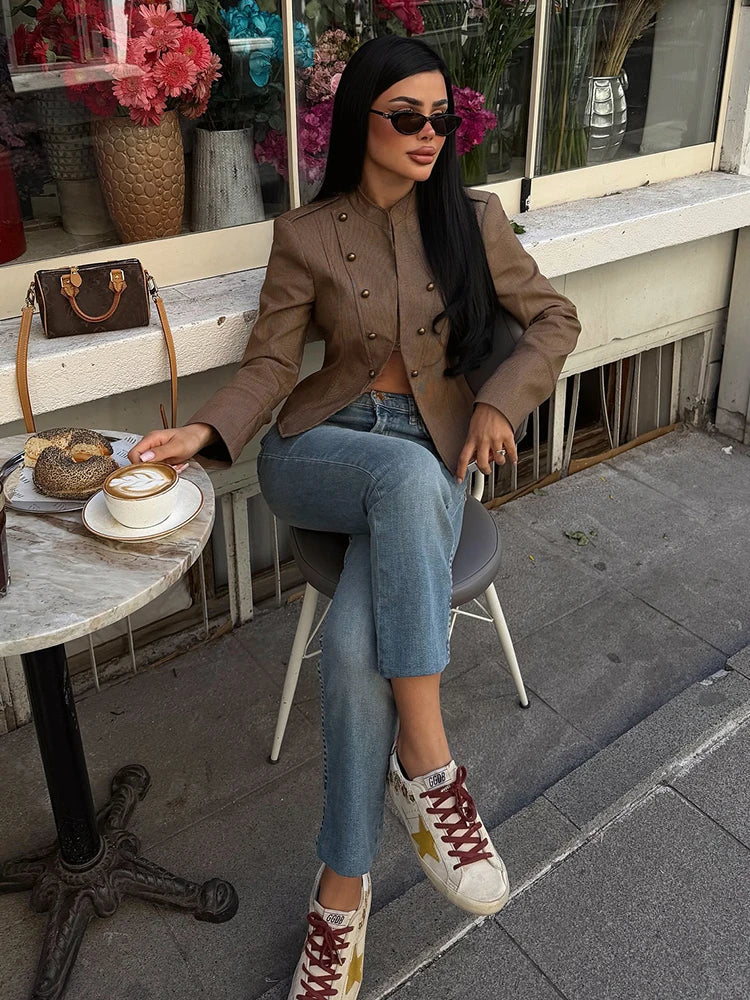 HH Vintage Denim Jacket For Women 2026 Spring  Stand Collar Double Breasted Buttons Slim Fit Jacket  Outerwear For Streetwear