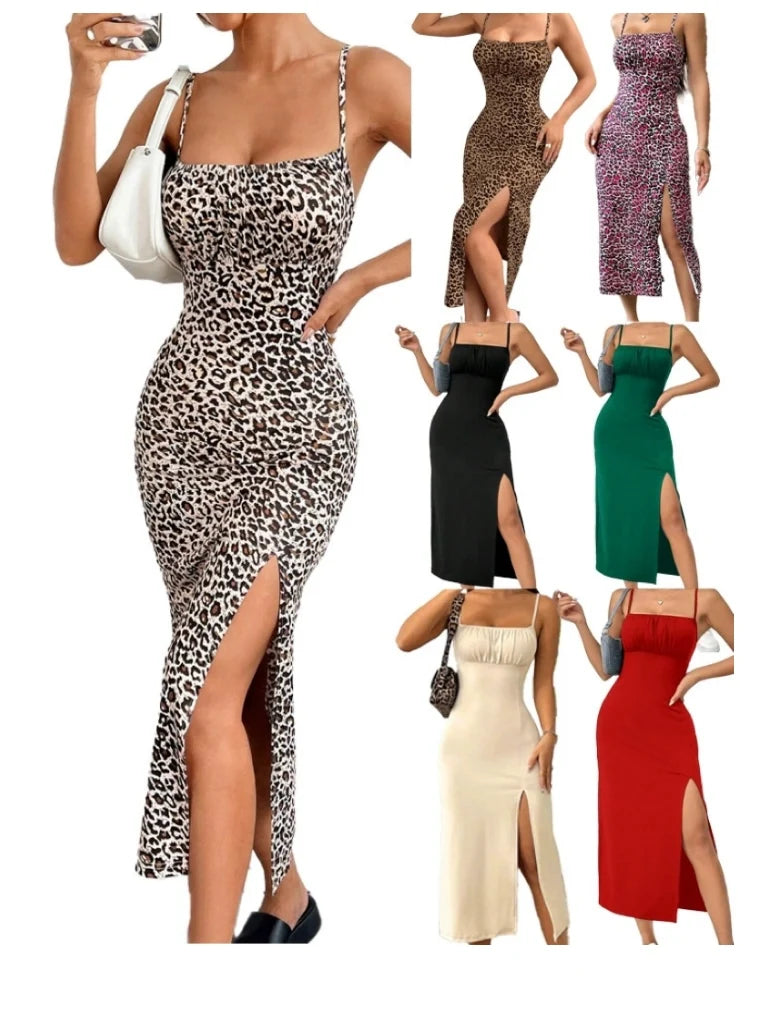Women's Summer Slip Dress Bandeau Tight Height Slit Solid Color Leopard Print Hip Skirt