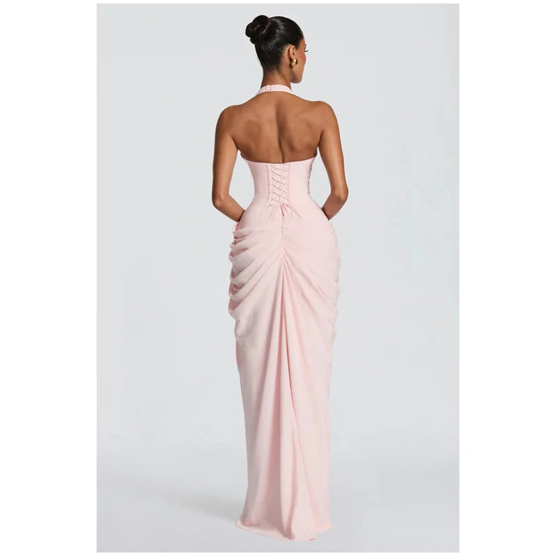 Women Fashion Solid Pleated Halter Dress Waist-cinching Sleeveless Backless Split Maxi Dresses 2026 Sexy Summer Lady Party Gowns