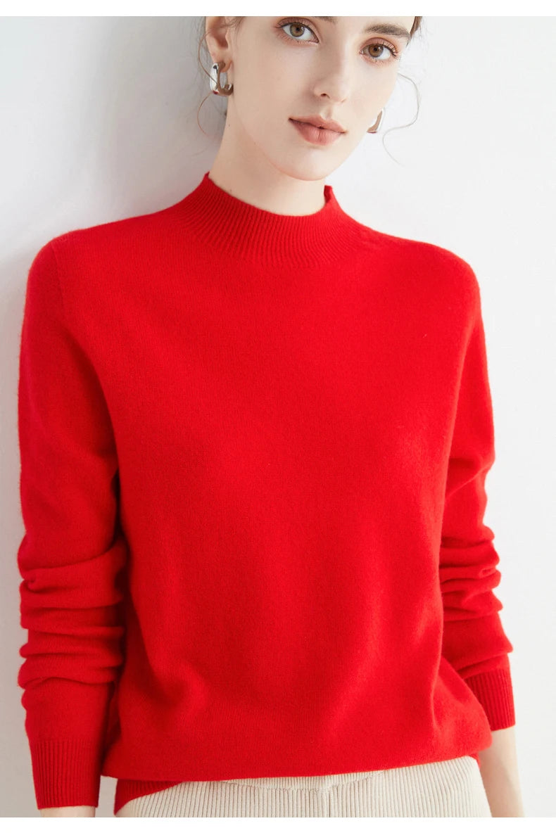 First-Line Seamless Women's Half-Turtleneck 100% Pure Wool Sweater Solid Color Long Sleeve Pullover Knitted Bottoming Sweater