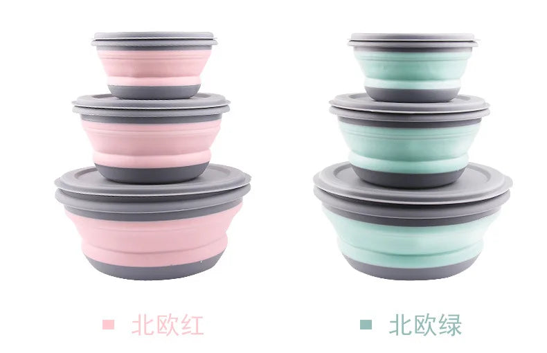 Portable Folding Lunch Box Bowl Sets Silicone 3Pcs/Set Food Container Outdoor Camping Tableware Set Foldable Salad Bowl with Lid