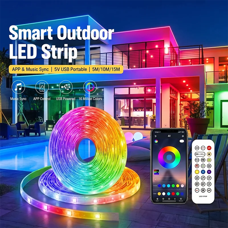 5M 10M 15M Outdoor Waterproof RGB-IC LED Strip Light,Music Sync USB DC 5V Flexible Lamp Tape For Indoor Outdoor Home Decor