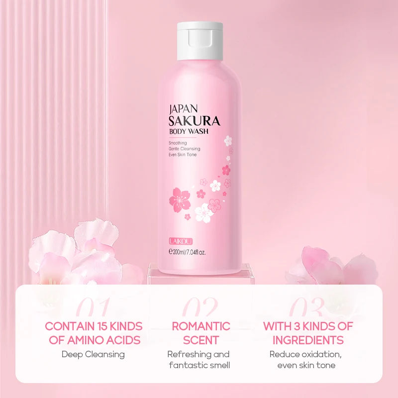 LAIKOU Japan Sakura Body Wash Gentle Cleanser Smoothing Shower Gel Skin Brightening Treatment Amino Acid Formula