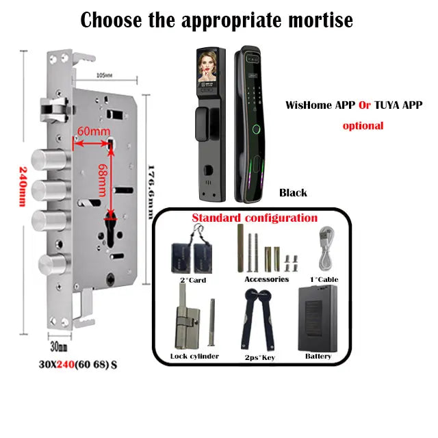 WISHome APP or Tuya App 3D Face Recognition smart Door Lock Unlock Digital Smart Lock Fingerprint Key Card Nfc Phone Unlock Lock